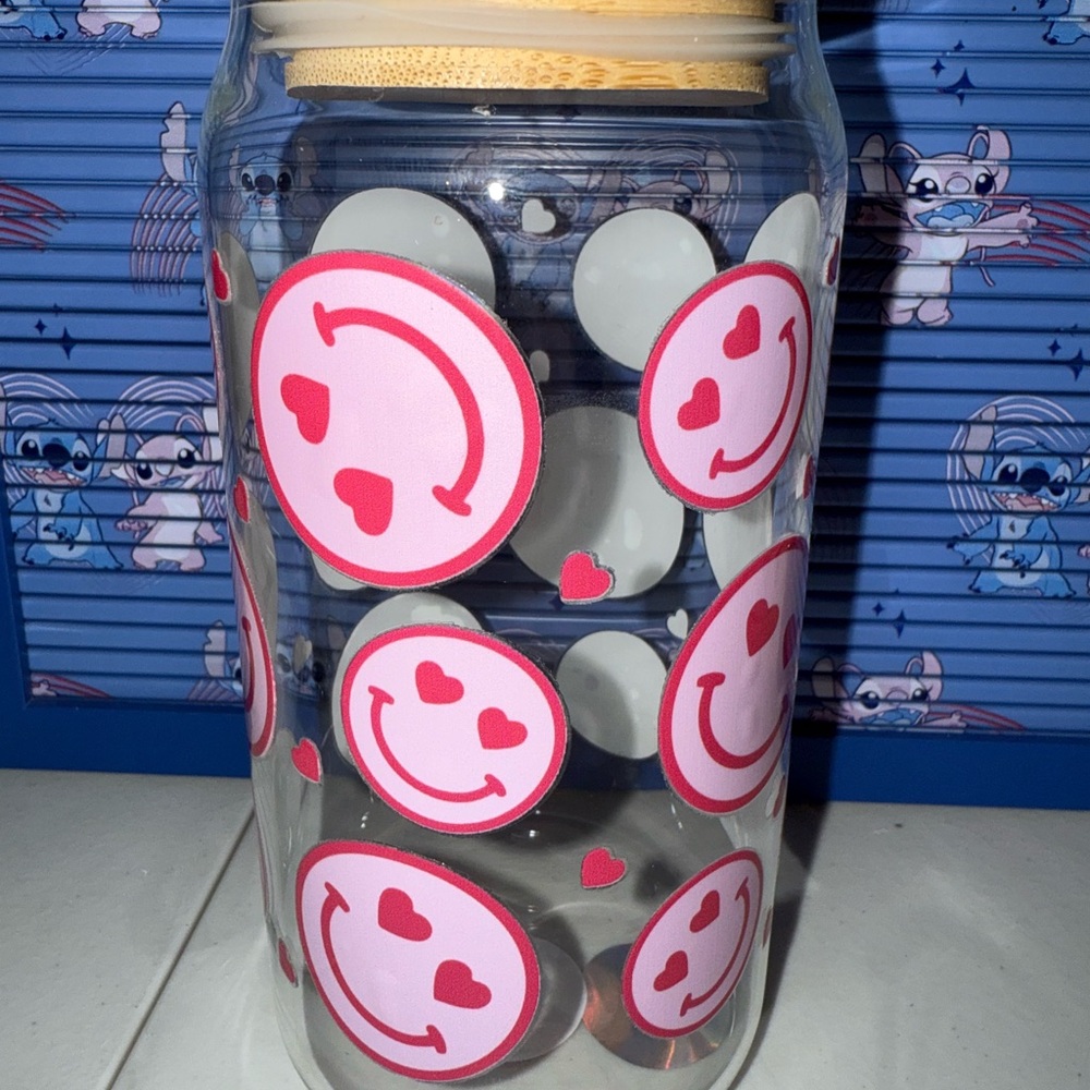 Smiley Face Glass Jar with Pink Accents